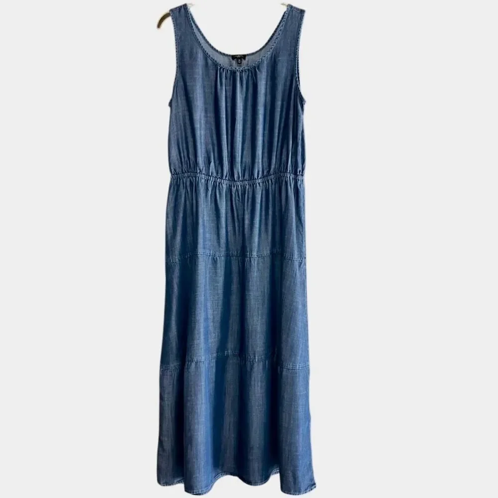 Talbots Tiered Chambray Maxi Dress in Blue Women’s 12P - Picture 3 of 5